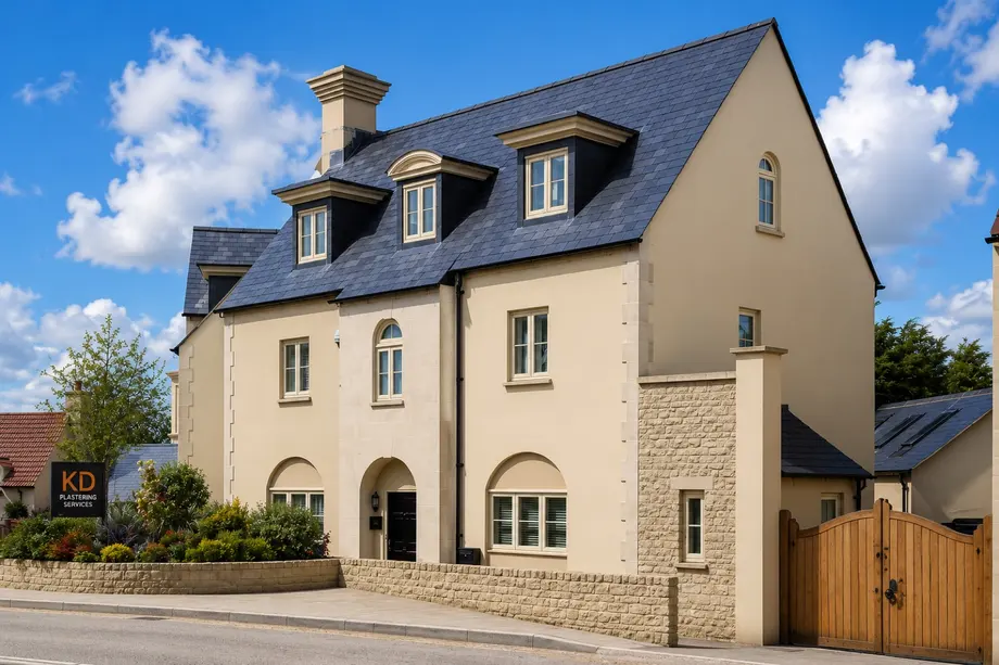 Large traditional detached house finished in cream monocouche render