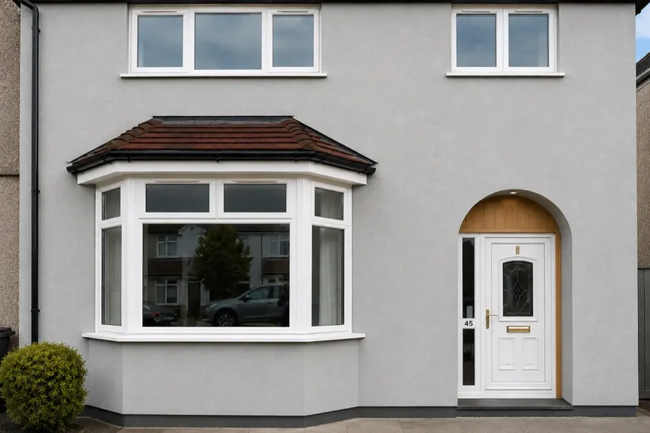 Semi-detached house in white render with a bay window