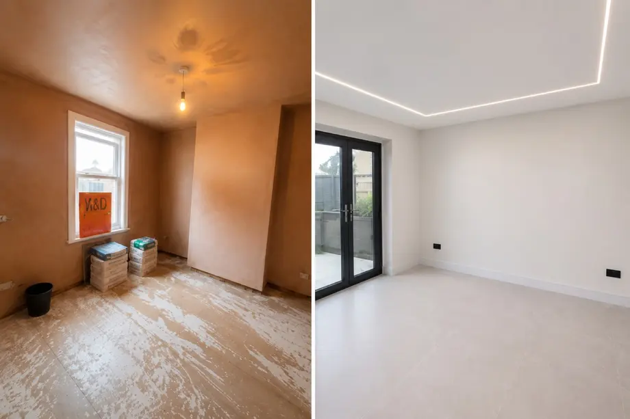 Finished interior room with smooth white plastered walls